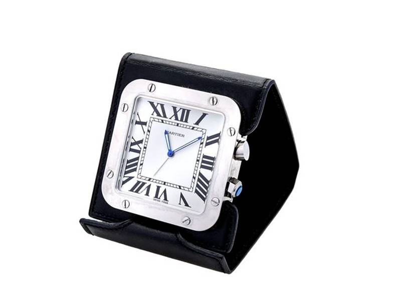 ALARM CLOCK TRAVEL STEEL/BLACK LEATHER SANTOS CARTIER W0100042